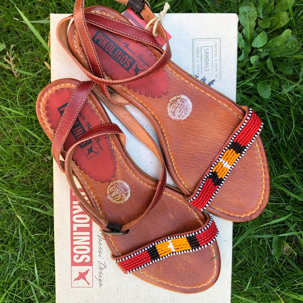 Pikolinos Brown Leather Maasai Beaded Sandals Size 39